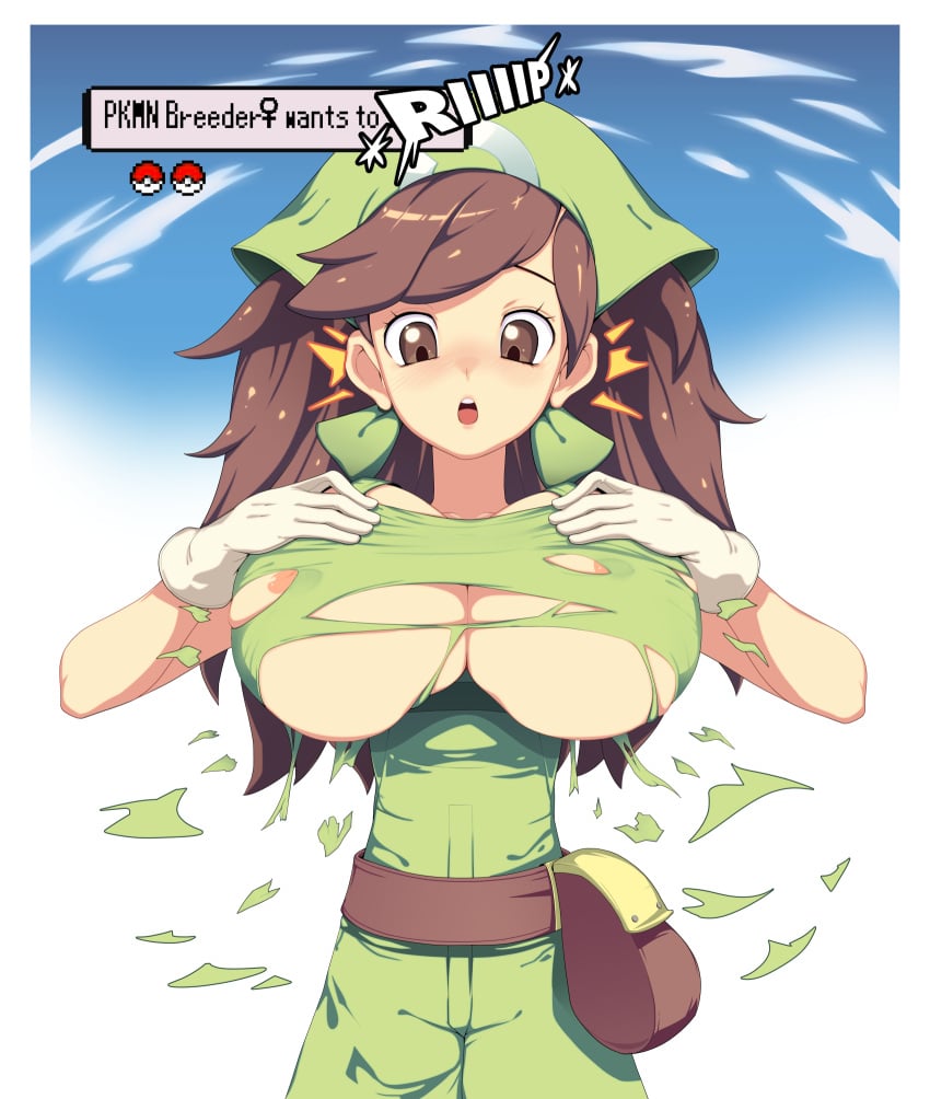 blush breast_expansion brown_eyes brown_hair bursting_breasts genvoke npc_trainer pokemon pokemon_breeder_(pokemon) pokemon_breeder_(pokemon_xy) pokemon_xy sound_effects surprised text wardrobe_malfunction