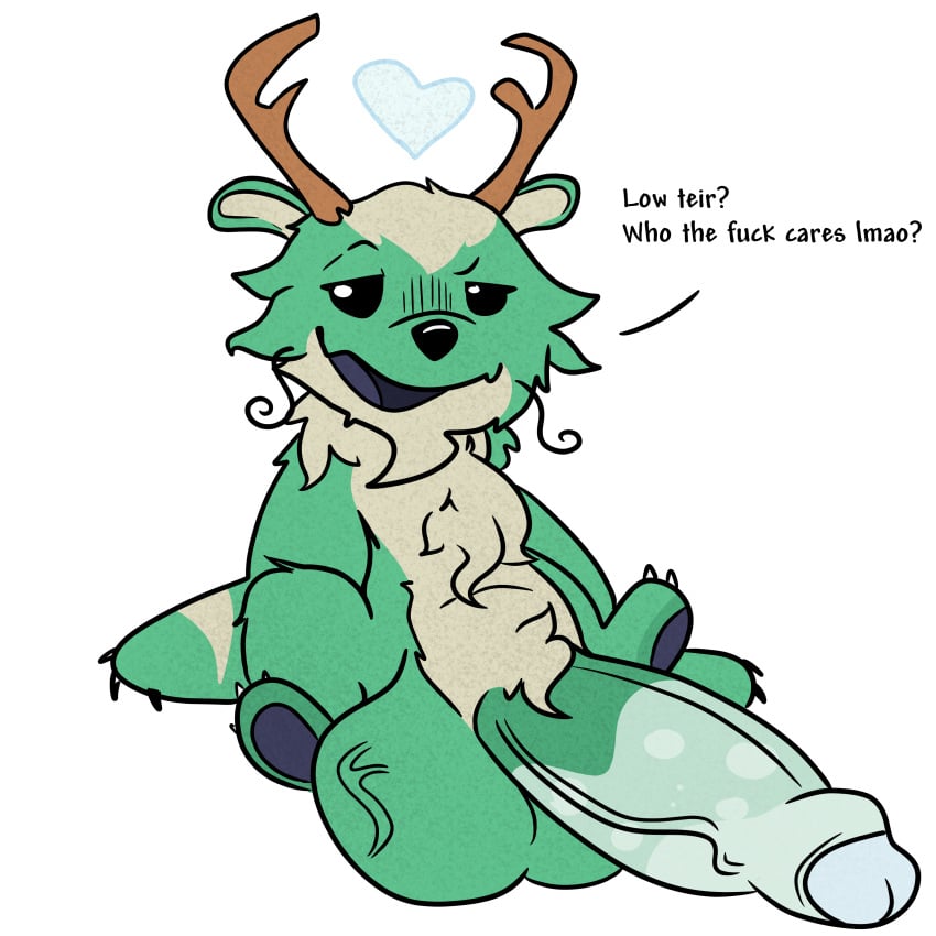 absurd_res anthro antlers balls big_balls big_penis bodily_fluids foreskin genital_fluids genitals green_eyes heart hi_res horn hornyaxolotl huge_balls huge_cock hyper hyper_balls hyper_genitalia hyper_penis male male_only multiversus penis precum reindog sitting small_but_hung smug solo text