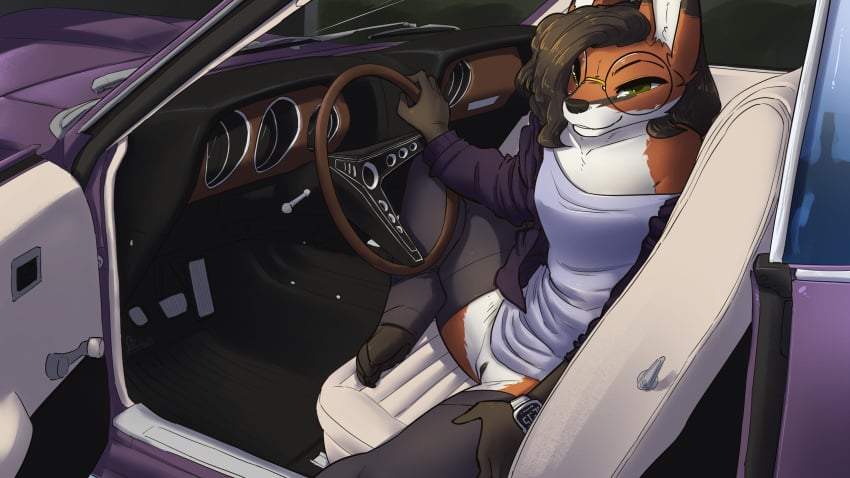 bottomless brown_body brown_fur brown_hair canid canine car clothed clothing eyewear female feretta ford ford_mustang fox fur furry furry_only genitals glasses green_eyes hair hi_res hoodie looking_at_viewer mammal mirial_mon_siviel orange_body orange_fur pussy red_fox shirt spread_legs spreading topwear vehicle white_body white_fur