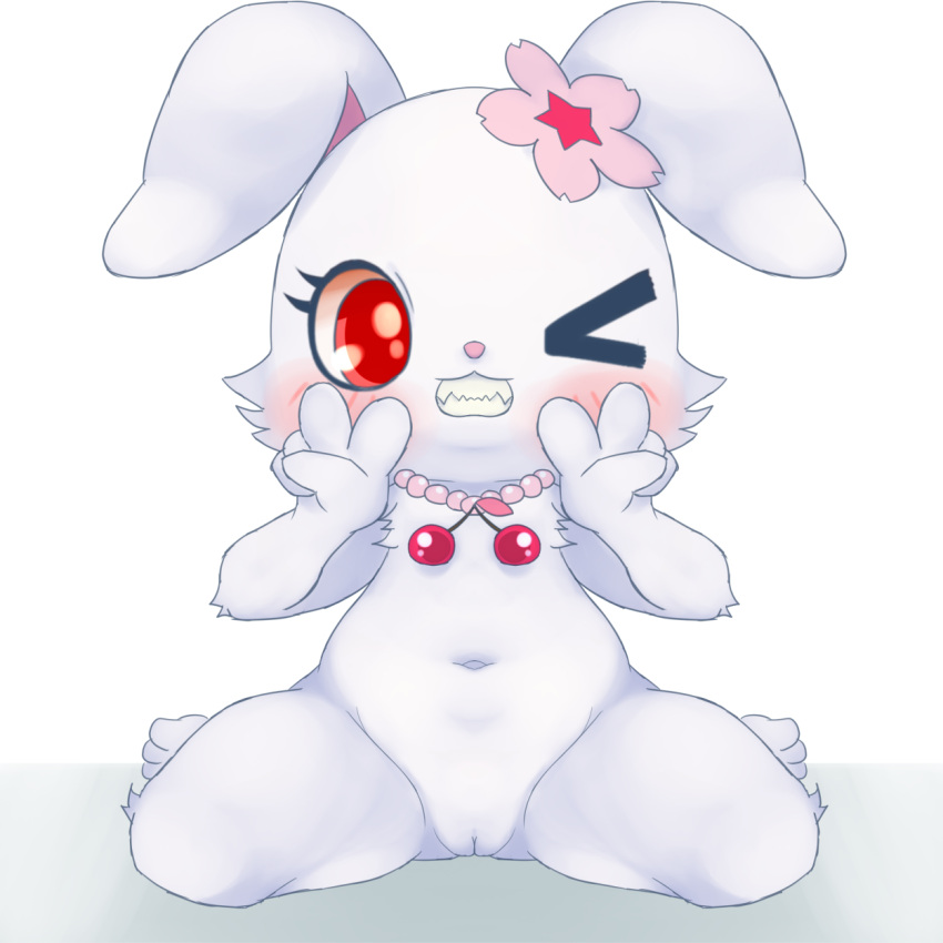 accessory anthro bent_legs blush bunnag double_v_sign female flower flower_in_hair fur furry furry_only genitals gesture hair hair_accessory hare hi_res japanese_hare jewelpet jewelry lagomorph leporid mammal navel necklace nude one_eye_closed plant pussy red_eyes ruby_(jewelpet) sanrio sega sega_toys simple_background sitting smile solo spread_legs spreading v_sign wariza white_body white_fur wink