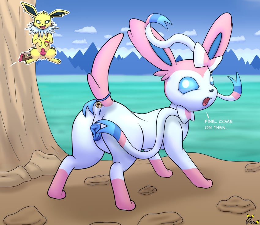 absurd_res animal_genitalia animal_penis animal_pussy anus armband ass balls bell blue_body blue_fur canid canine canine_penis canine_pussy cliff cloud detailed_background dialogue eeveelution erection everstone_guild female feral fur gau_(artist) genitals hi_res jolteon lithe_(sylveon) looking_at_viewer looking_back male mammal naga_(jolteon) nintendo open_mouth outside penis pink_body pink_fur pokémon_(species) pokémon_mystery_dungeon pokemon pokemon_(species) presenting pussy sea sky solo sylveon teeth text tongue video_games water white_body white_fur yellow_body yellow_fur