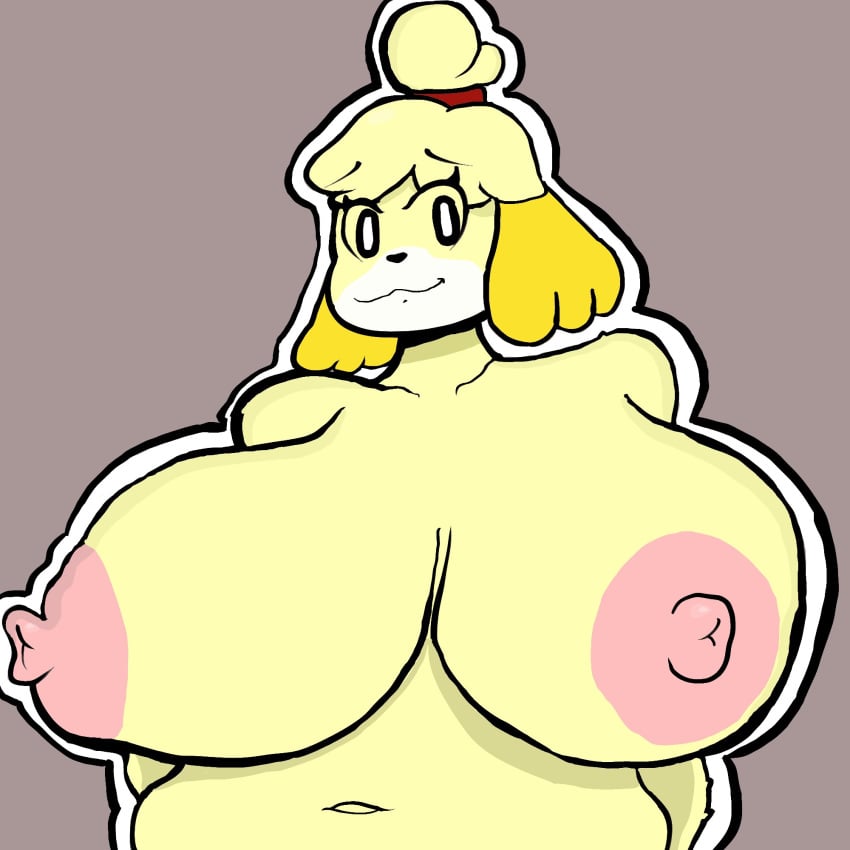 animal_crossing animal_humanoid anthro areola big_breasts breasts canid canid_humanoid canine canine_humanoid dog_humanoid female hi_res humanoid isabelle_(animal_crossing) mammal mammal_humanoid navel nintendo nude outline sassy_dolly solo solo_focus video_games white_outline