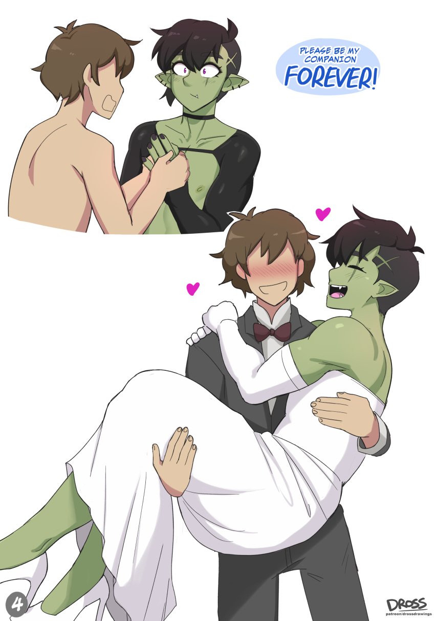 2boys black_suit blush boy_wife clothed clothing comic crossdressing cute_male dross english_text fangs femboy gay genuine_love green_skin heart high_heels husband_and_husband love male male_bride male_only male_wife marriage married married_couple monster_boy monster_femboy muscular_femboy muscular_male nail_polish nipples onyx_(dross) orc orc_femboy orc_male original original_character pointy_ears short_hair simple_background speech_bubble suit text undercut wedding_dress wholesome yaoi