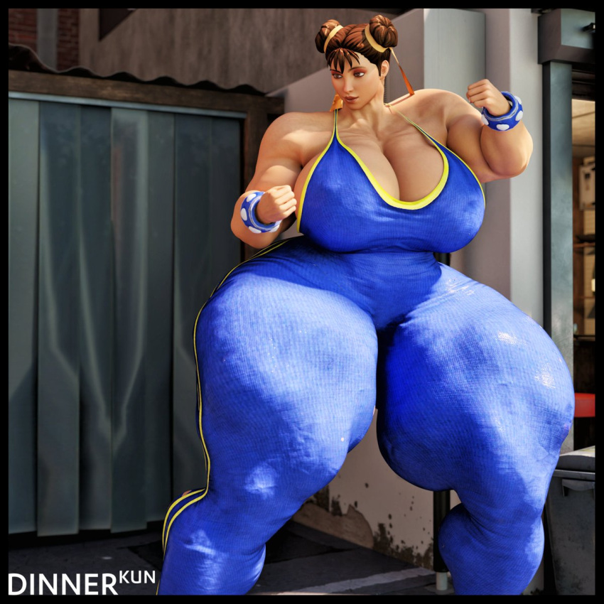 1girls 3d 3d_(artwork) alternate_version_available big_calves breasts brown_eyes brown_hair capcom chun-li digital_media_(artwork) dinner-kun eyeshadow fanart female female_only hi_res highres hips huge_breasts huge_hips huge_thighs muscular muscular_female solo street_fighter street_fighter_alpha thick_thighs twin_buns unitard wristband