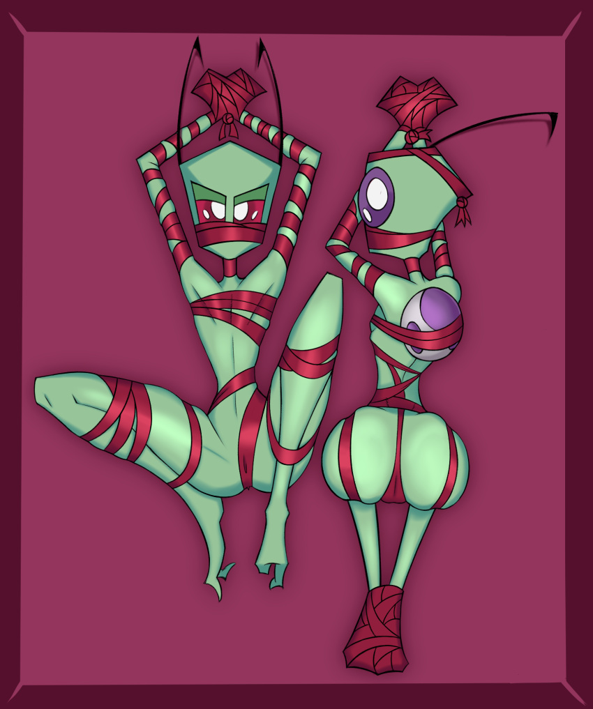 alien alien_humanoid ass duo green_body green_skin invader_zim lewdofdoom looking_at_viewer purple_eyes red_eyes ribbon_bondage tallest_purple tallest_red