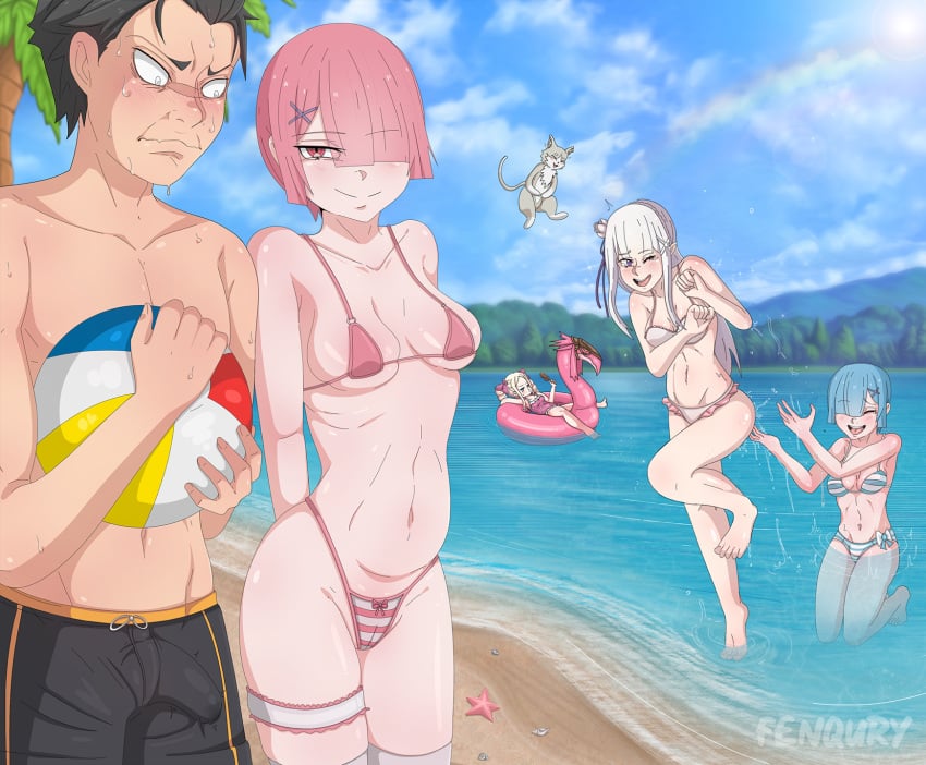 2boys 4girls beach beach_ball beatrice_(re:zero) bikini black_hair blonde_hair breasts clouds elf_ears elf_female elf_girl emilia_(re:zero) erection eyebrows_visible_through_hair female fenqury floatie flying forest fur hair_ornament hair_over_one_eye hair_ribbon hair_tie half-elf hands_behind_back ice_cream imminent_sex laughing mouth_open natsuki_subaru nervous ocean oni oni_female penis_under_clothes pink_hair pointy_ears puck_(re:zero) rainbow ram_(re:zero) re:zero_kara_hajimeru_isekai_seikatsu rem_(re:zero) shell shorts shoulder_to_shoulder silver_hair skimpy sky smile smug spiral_eyes splashing starfish stomach sweat teasing temptation thighhighs twintails