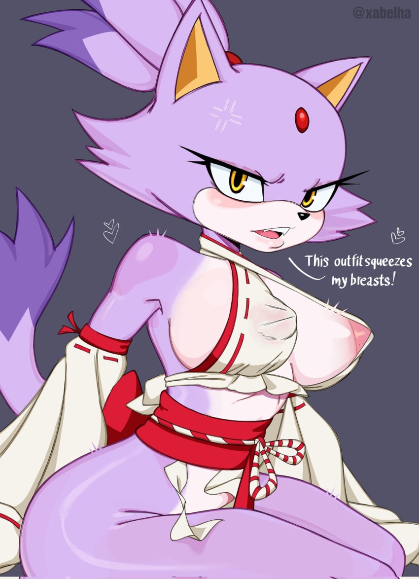 annoyed blaze_the_cat breasts cat_ears cat_tail clothing feline female female_only mobian_(species) nipple_bulge nipples no_panties purple_fur shrine_maiden sitting sonic_(series) sonic_the_hedgehog_(series) xabelha yellow_eyes