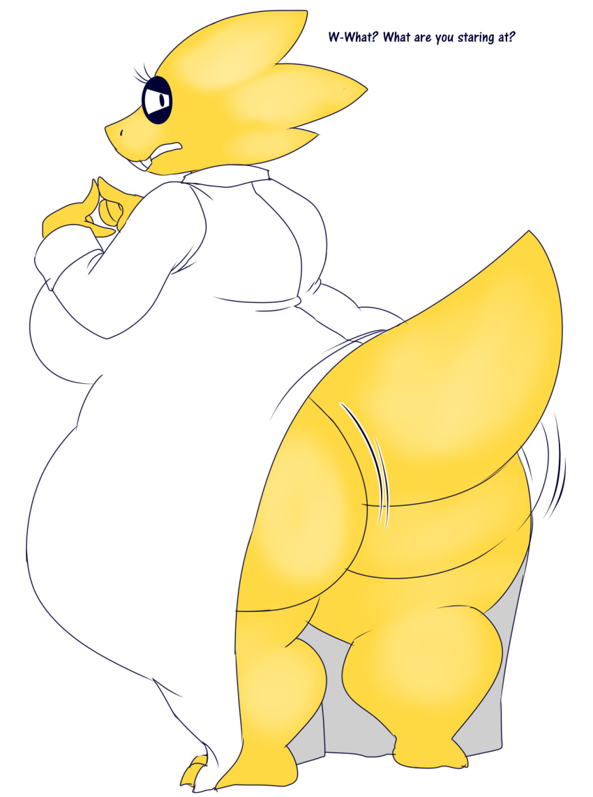 alpha_channel alphys anthro ass barefoot big_breasts big_butt breasts buckteeth claws clothing coat curvy_figure denizen1414 dialogue english_text feet female hi_res huge_butt huge_hips huge_thighs lab_coat lizard looking_at_viewer looking_back looking_back_at_viewer nervous non-mammal_breasts open_mouth overweight overweight_anthro overweight_female rear_view reptile scales scalie simple_background solo speech_bubble standing tail_upskirt teeth text thick_tail thick_thighs three-quarter_view topwear transparent_background undertale undertale_(series) upskirt video_games voluptuous wide_hips yellow_body yellow_scales