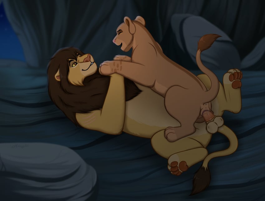 amani_(mlinzi) animal_genitalia animal_penis anus balls bodily_fluids brown_body brown_fur brush_tail cave cowgirl_position digital_drawing_(artwork) digital_media_(artwork) disney duo fan_character felid feline feline_genitalia feline_penis female feral feral_on_feral from_front_position fur genital_fluids genitals hand_holding hi_res kopa_(mlinzi) lion looking_pleasured lying male male/female mammal mane miuyki night on_back on_bottom on_ground on_top open_mouth pantherine paws penetration penis pussy sex shaded smile smiling_at_another smiling_at_each_other spiked_penis spikes spikes_(anatomy) the_lion_king vaginal_penetration vaginal_penetration