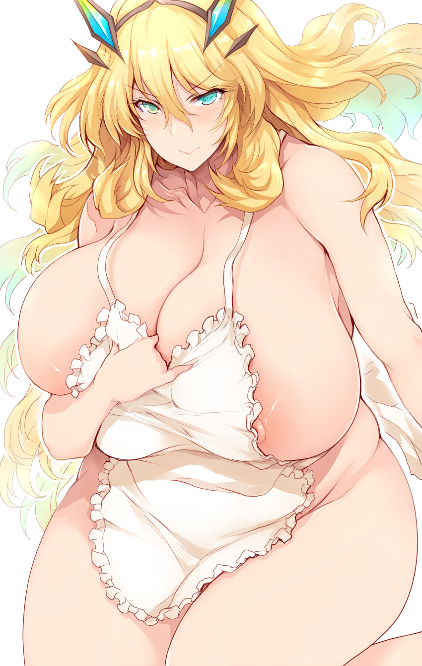 1girls 2022 apron apron_only areolae barghest_(gawain)_(fate) blonde_hair blush breasts chubby cleavage embarrassed erect_nipples fate/grand_order fate_(series) female female_only green_eyes hi_res hips huge_breasts large_areolae long_hair massive_breasts naked_apron nipple_slip nipples puffy_nipples simple_background thick_thighs thighs tsukasawa_takamatsu very_high_resolution white_background wide_hips