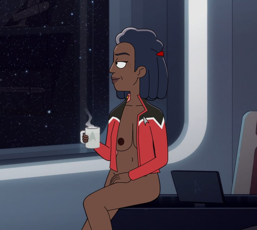 2022 alternate_version_available bottomless braided_hair breasts carol_freeman casual collarbone dark_skin female grey_hair holding_mug hot_beverage human mature_female milf mother mug navel nude older_female open_clothes outerwear quarters red_hairband red_shirt sagging_breasts solo star_trek star_trek_lower_decks starfleet_insignia starfleet_uniform tbx uniform window wrinkles