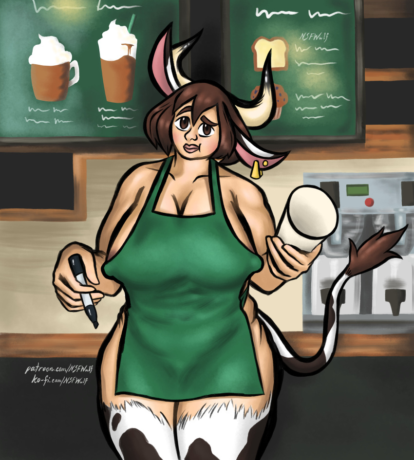 areola_slip big_breasts brown_eyes brown_hair cleavage coffee_cup coffee_shop cow_ears cow_girl cow_horns cow_tail earrings erect_nipples_under_clothes i_mean_breast_milk iced_latte_with_breast_milk ko-fi looking_at_viewer marker meme naked_apron nsfwulf patreon patreon_url raised_eyebrow starbucks thick_lips thick_thighs url watermark wide_hips