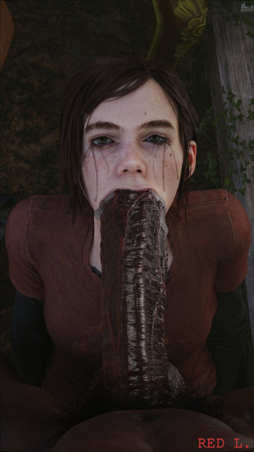 , bbc blowjob ellie_(the_last_of_us) eye_contact fellatio female gagging huge_cock interracial looking_at_viewer mascara pov runny_makeup saliva teenager the_last_of_us younger_female