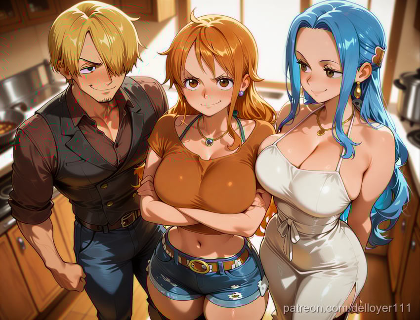 1boy 2girls ahe_gao ai_generated blush cum fellatio female ffm_threesome large_breasts male nami_(one_piece) nefertari_vivi nude one_piece pov sanji_(one_piece) sex straight sweat thighhighs vaginal_penetration