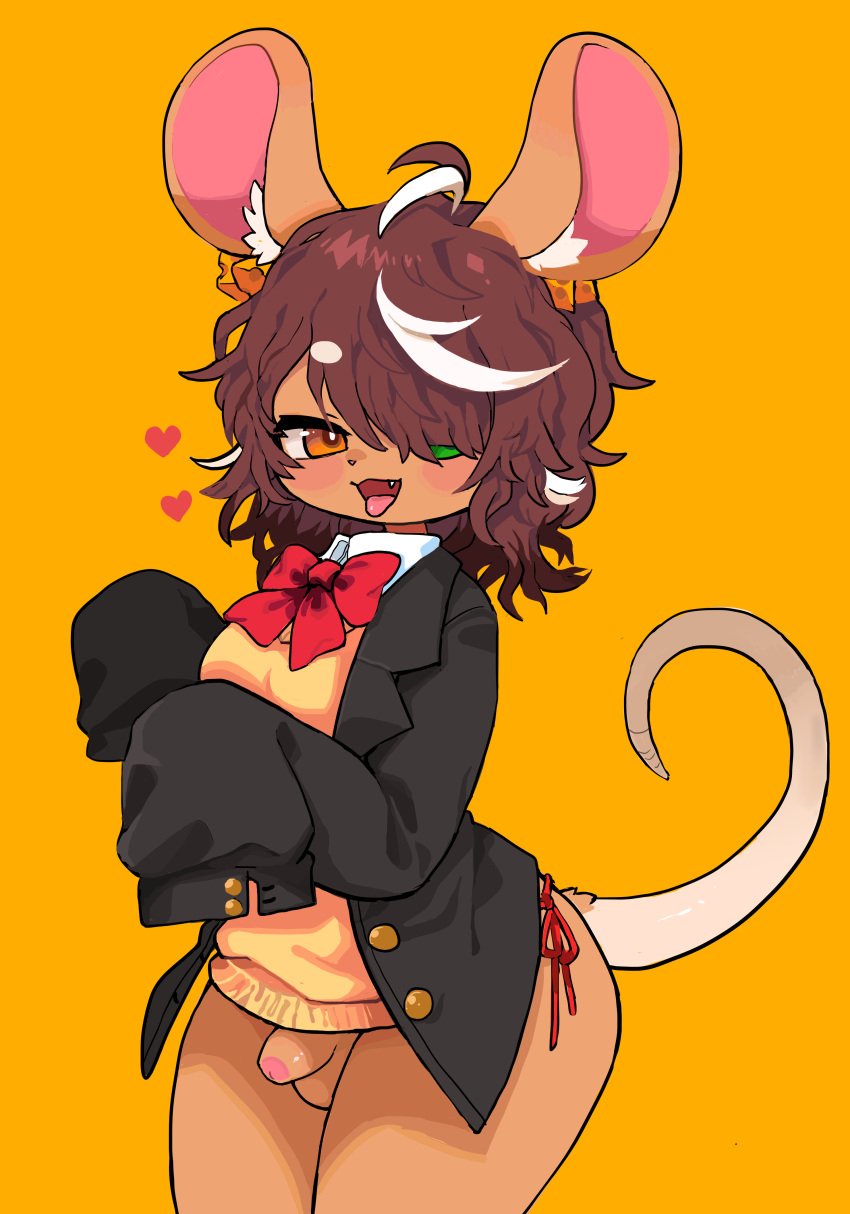2021 absurd_res anthro balls bedroom_eyes blush bottomless bottomless_anthro bottomless_male bow_tie brown_hair clothed clothing digital_drawing_(artwork) digital_media_(artwork) femboy flaccid foreskin fur genitals glans hair hair_covering_one_eye heart_symbol heterochromia hi_res highlights_(coloring) infekah inner_ear_fluff jacket long_sleeves looking_at_viewer male male_anthro mammal mouse murid murine narrowed_eyes open_clothing open_jacket open_mouth open_smile open_topwear partially_retracted_foreskin penis portrait rodent seductive shaded shirt simple_background small_penis smile solo standing tail tan_body tan_fur three-quarter_portrait tongue tongue_out topwear tuft undershirt