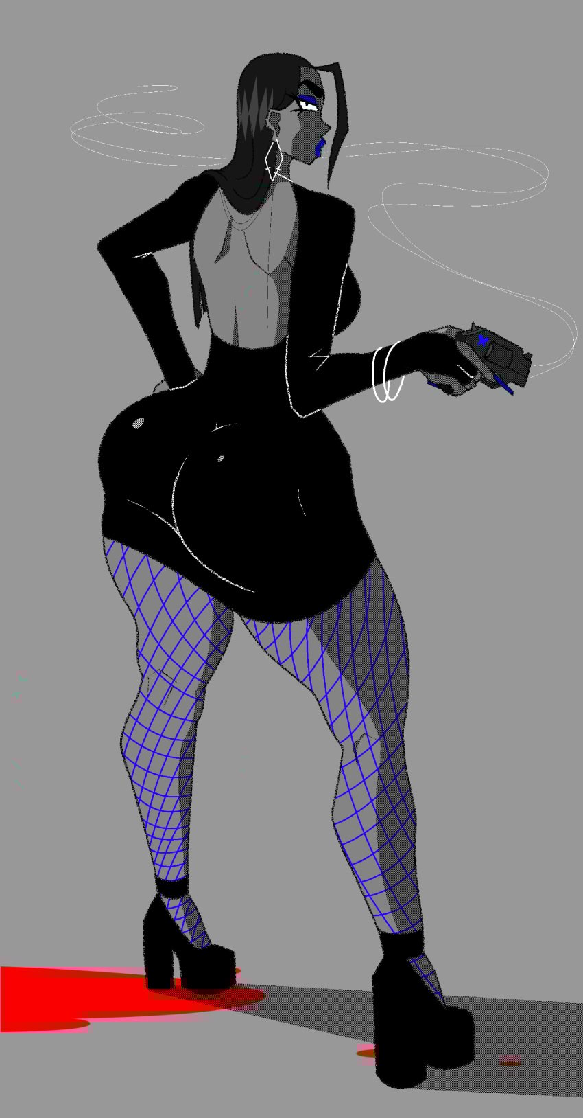 1girls ass backless_dress bangle bimbo dat_ass dress earrings female fishnets gun huge_ass jewelry kryptraider latina long_hair long_nails oc original_character platform_heels tagme thick_thighs tiana_merida_(kryptraider)