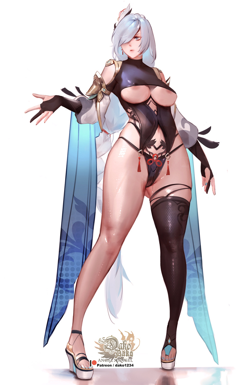 areola_slip areolae black_legwear breasts cameltoe female full_body genshin_impact hair_over_one_eye highres hu_dako legs long_hair looking_to_the_side medium_breasts painted_toenails patreon_username shenhe_(genshin_impact) simple_background single_thighhigh solo standing sweat thighhighs thighs toeless_legwear toenail_polish toes underboob very_long_hair white_background white_eyes white_footwear white_hair