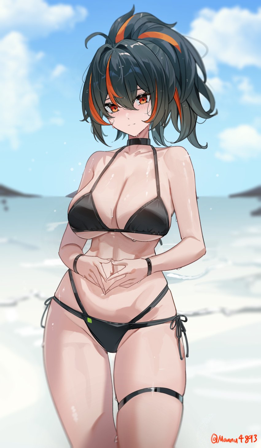 1girls 2d 2d_(artwork) alternate_costume beach beach_background big_breasts bikini bikini_bottom bikini_top black_bikini black_bikini_bottom black_bikini_top black_hair black_swimsuit black_thong black_thong_bikini breasts clouds covered_breasts day female female_focus female_only front_view high_resolution highres hoyoverse light-skinned_female light_skin looking_at_viewer maanu mihoyo mihoyo_technology_(shanghai)_co._ltd. ocean orange_eyes outdoors ponytail red_hair sand sky slim_girl solo solo_female solo_focus standing summer swimsuit two_piece_swimsuit voluptuous voluptuous_female water young younger_female zenless_zone_zero zhu_yuan
