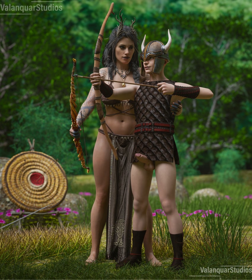 3d 3d_(artwork) age_difference aged_up alternate_costume alternate_timeline archery armor bow_and_arrow clothing cock curvy curvy_body curvy_female curvy_figure curvy_hips curvy_milf curvy_thighs erect_penis erection erection_under_clothes exposed_penis flirting flirting_look forest forest_background freya_(god_of_war) god_of_war god_of_war_ragnarok goddess highres imminent_sex jotunn_(norse_mythology) loving_couple loving_gaze male mature_female milf milf_body milf_love_young_man mythology nordic norse_mythology older_female_and_younger_male outdoors outside sexually_suggestive sexy_clothing target_practice tenderness tunic valanquarstudios vanir_(norse_mythology) viking viking_helmet woods younger_male