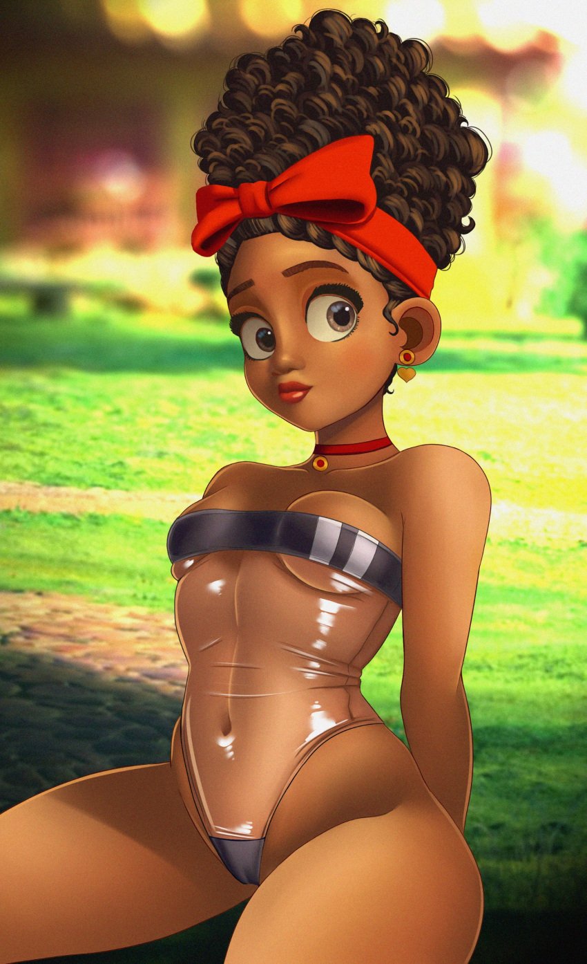 1girls afrolatina blush brown_hair colombian_female curly_hair dark-skinned_female dark_skin disney divine_wine dolores_madrigal encanto gris_swimsuit latina meme_attire one-piece_swimsuit partially_clothed see-through_swimsuit swimsuit vampiranhya_(artist)