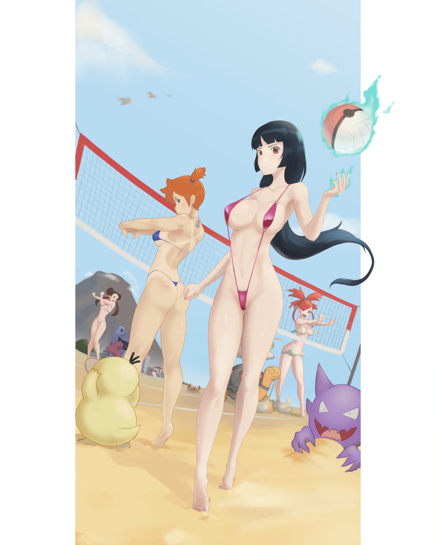 4girls ass asymmetrical_hair back ball beach beachball bikini black_hair blue_eyes blue_swimsuit breasts brown_eyes brown_hair cloud dat_ass female flannery_(pokemon) full_body game_freak gen_1_pokemon haunter highres huge_breasts human kasumi_(pokemon) krabby large_breasts legs long_hair misty_(pokemon) multiple_girls mynameisrobotjones nintendo nosepass orange_hair outdoors pokemon pokemon_(anime) pokemon_(classic_anime) pokemon_(game) pokemon_(species) pokemon_frlg pokemon_rgby pokemon_rse ponytail psyduck red_hair roxanne_(pokemon) sabrina_(pokemon) sand short_hair side_ponytail sky sling_bikini sling_swimsuit slingshot_swimsuit swimsuit tan tanline thighs thong tied_hair torkoal violet_eyes volleyball