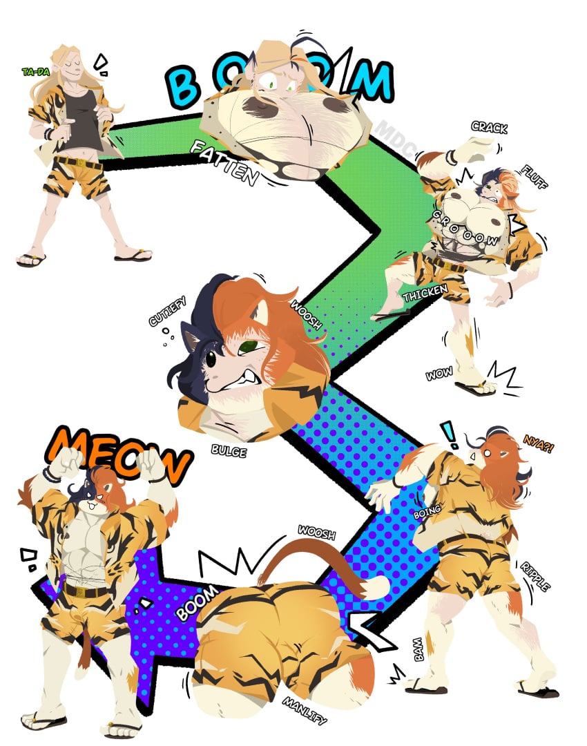 absurd_res anthro ass big_butt big_muscles bottomwear clothing epic_games fortnite fur growth hi_res huge_muscles human human_to_anthro identity_death male mammal mdcackle meowscles muscle_growth muscular muscular_anthro muscular_male nipples pants pecs smile solo species_transformation tail topwear transformation transformation_sequence