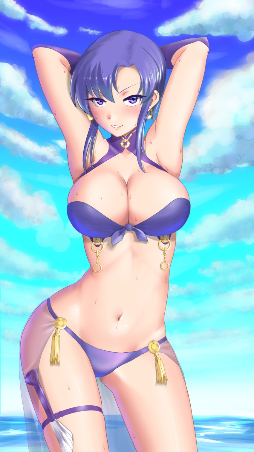 0-pie 1girls alternate_costume armpits arms_behind_head bikini blue_bikini blue_eyes blue_swimsuit blush breasts cleavage commentary_request earrings eyebrows_visible_through_hair female female_only fire_emblem fire_emblem:_the_blazing_blade fire_emblem_heroes gloves gold_trim highres jewelry large_breasts looking_at_viewer navel nintendo ocean official_alternate_costume parted_lips purple_hair seductive_smile short_hair sky smile solo sweat swimsuit ursula_(fire_emblem) ursula_(summer)_(fire_emblem)