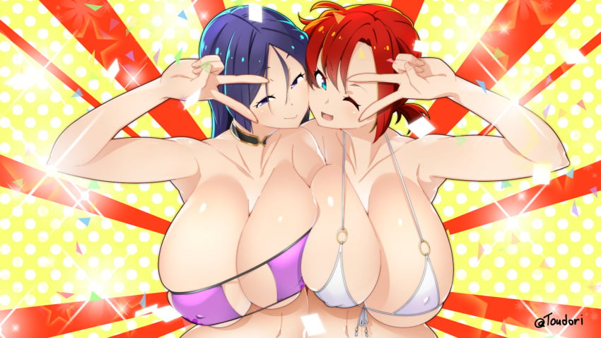 2girls aqua_eyes bangs bare_shoulders bikini blush boudica_(fate) boudica_(fate/grand_order) breasts cleavage closed_mouth collarbone confetti emotional_engine_-_full_drive eyepatch_bikini fate/grand_order fate_(series) highres huge_breasts large_breasts long_hair looking_at_viewer minamoto_no_raikou_(fate) minamoto_no_raikou_(fate/grand_order) minamoto_no_raikou_(swimsuit_lancer)_(fate) multiple_girls one_eye_closed open_mouth parted_bangs purple_bikini purple_eyes purple_hair red_hair short_ponytail smile sunburst sunburst_background swimsuit toudori very_long_hair white_bikini