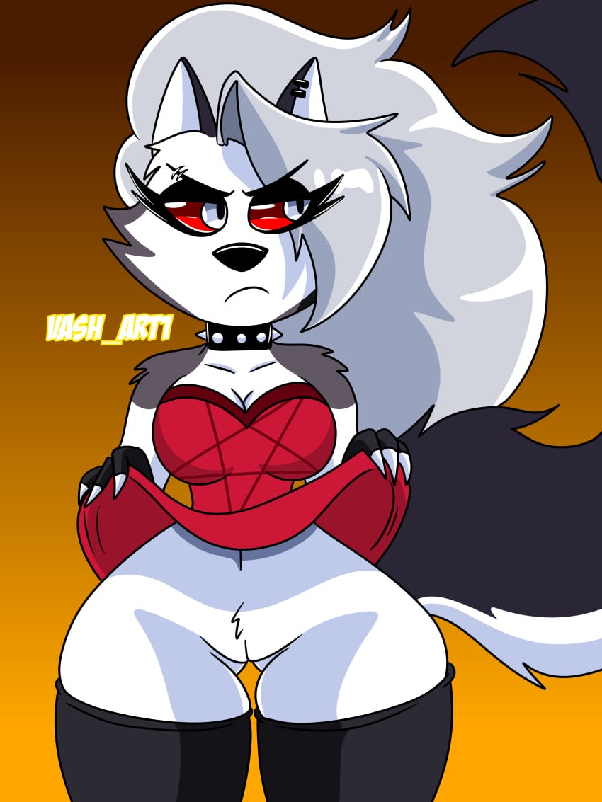 2022 3:4 absurd_res annoyed anthro artist_name ass biped black_clothing black_eyelids black_gloves black_handwear black_legwear black_thigh_highs bottomless bottomless_anthro bottomless_female butt_from_the_front canid canid_demon canine choker clothed clothing clothing_lift demon dress dress_lift ear_piercing eyebrow_piercing eyebrow_through_hair eyebrows facial_piercing female fingerless_gloves fingers front_view frown fur genitals gloves gradient_background grey_body grey_fur grey_hair hair half-closed_eyes handwear hellhound helluva_boss hi_res humanoid_genitalia humanoid_hands humanoid_pussy jewelry legwear long_hair long_tail looking_aside loona_(helluva_boss) mammal mythological_canine mythological_creature mythology narrowed_eyes necklace no_underwear piercing portrait pussy red_clothing red_dress red_sclera simple_background small_waist solo spiked_choker standing tail text thick_thighs thigh_gap thigh_highs three-quarter_portrait translucent translucent_hair vash_art white_body white_eyes white_fur wide_hips