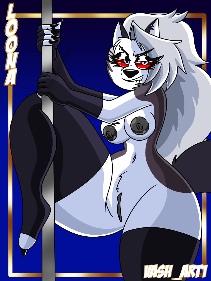 2022 3:4 5_fingers absurd_res annoyed anthro areola artist_name biped bite biting_lip black_areola black_clothing black_gloves black_handwear black_legwear black_nipples black_pussy black_thigh_highs breasts canid canid_demon canine character_name claws clothing dancing demon ear_piercing eyebrow_piercing eyebrow_through_hair eyebrows facial_piercing feet female finger_claws fingerless_gloves fingers front_view fur genitals gloves grey_body grey_fur grey_hair hair half-closed_eyes handwear hellhound helluva_boss hi_res humanoid_feet humanoid_genitalia humanoid_hands humanoid_pussy legwear long_hair loona_(helluva_boss) mammal medium_breasts mostly_nude_anthro mostly_nude_female mythological_canine mythological_creature mythology narrowed_eyes navel nipples piercing plantigrade pole pole_dancing portrait pose purple_background pussy red_sclera simple_background small_waist solo stripper_pole tail text thick_thighs thigh_highs three-quarter_portrait toe_claws toes translucent translucent_hair vash_art white_body white_eyes white_fur wide_hips