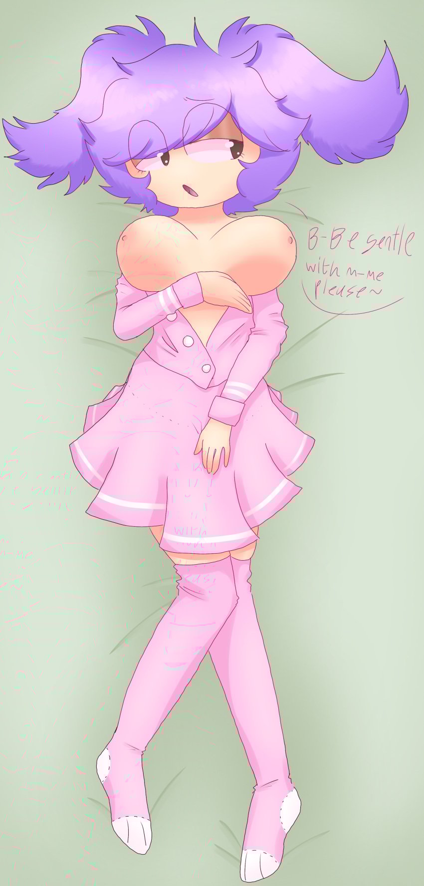 :3 bed body_pillow boobs_out cat_socks cute_face girlfriend girly green_bed_sheet pink pov sexy skirt smaller_female text young younger_female
