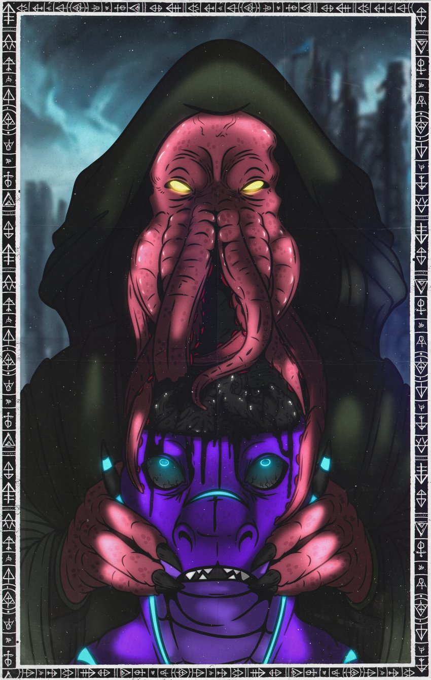 0l-fox-l0 absurd_res anthro bloodshot_eyes blue_eyes blue_markings brain brain_eating claws dragon duo gore grydir_dacanoor_(griffonki) hi_res horn male male/male markings mind_flayer mythological_creature mythological_scalie mythology organs purple_body scalie seizure tentacle yellow_eyes