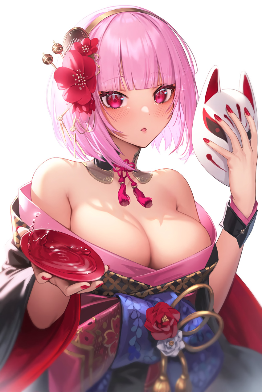 1girls big_breasts blush cleavage female flower_in_hair fox_mask hair_ornament hololive hololive_english hololive_myth inviting japanese_clothes kimono looking_at_viewer mori_calliope nail_polish pink_eyes pink_hair red_fingernails red_nails ribbon short_hair solo sulainu tagme thick virtual_youtuber voluptuous white_background wide_hips