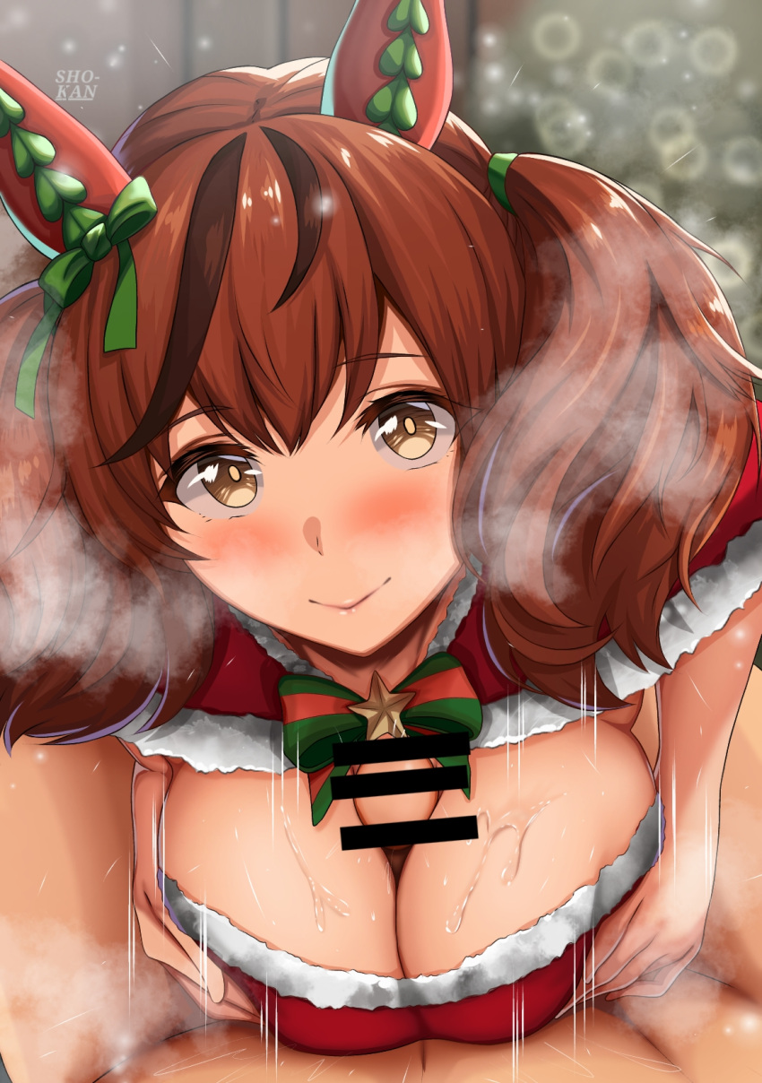 1boy animal_ears bar_censor blush breast_grab breast_squeeze breasts brown_eyes censored christmas cleavage female grabbing heavy_breathing highres horse_ears horse_girl large_breasts looking_at_viewer medium_hair motion_lines multicolored_hair nice_nature_(umamusume) paizuri penis pov red_hair santa_costume shiny shiny_hair shiny_skin shokan_(pixiv61462319) smile solo_focus steaming_body straight streaked_hair sweat umamusume