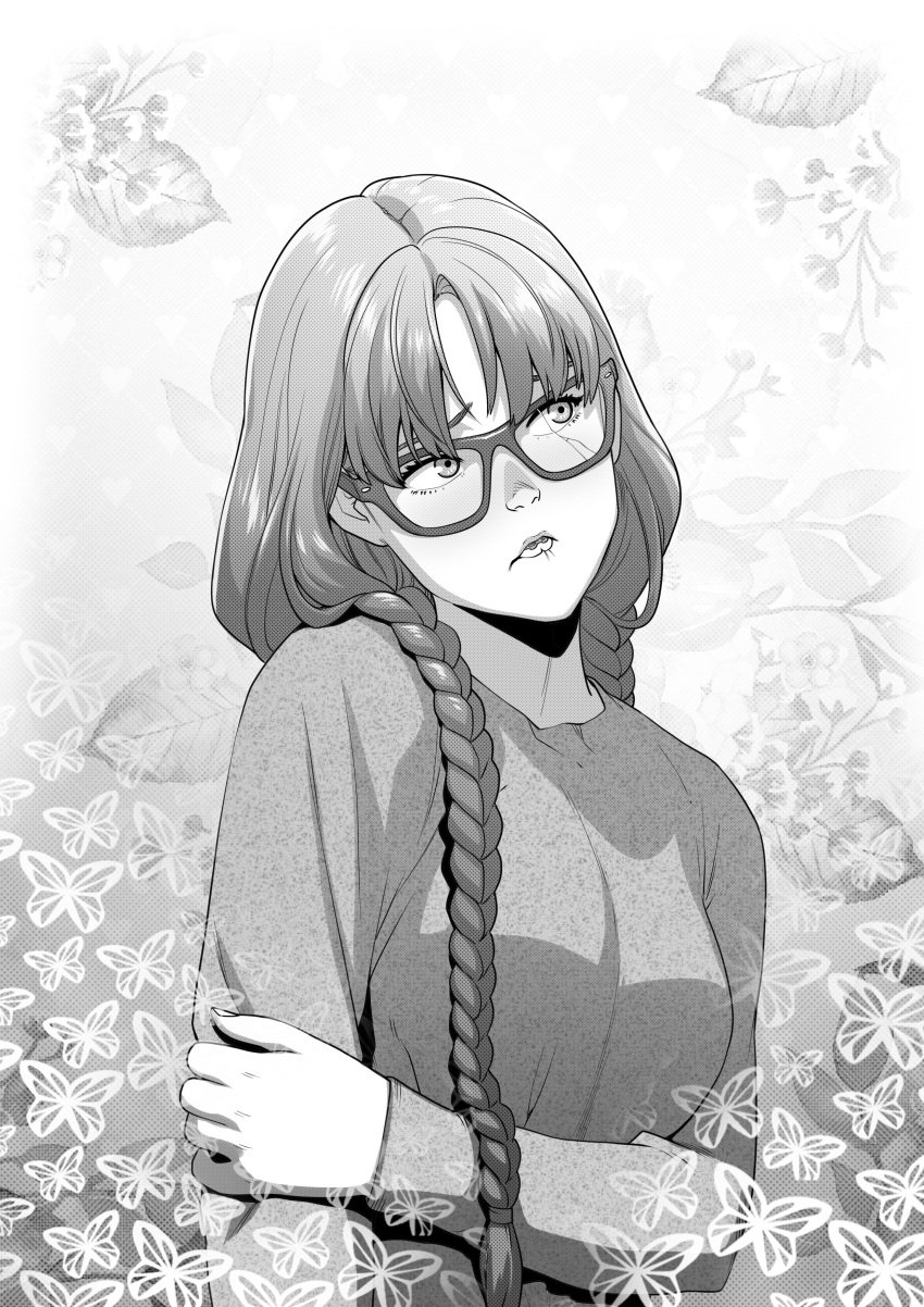 1girls anna_(tekuho) braces braid braided_hair cute glasses greyscale long_sleeves original solo teenager teeth_showing tekuho upper_body