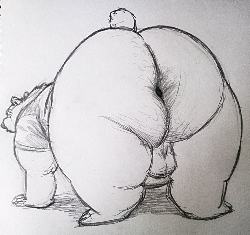 2018 anthro anus ass balls big_butt clothing genitals hi_res male mammal osos overweight overweight_male shirt simple_background solo superchub topwear ursid