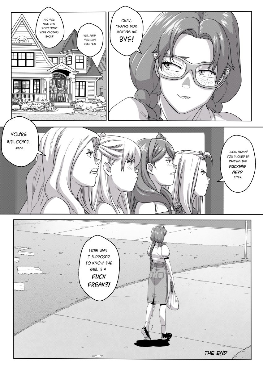 5girls anna_(tekuho) blush braces bullying comic cum_dripping_down_thighs glasses greyscale jealous jealous_female nerd nerdy_female original teenager tekuho text