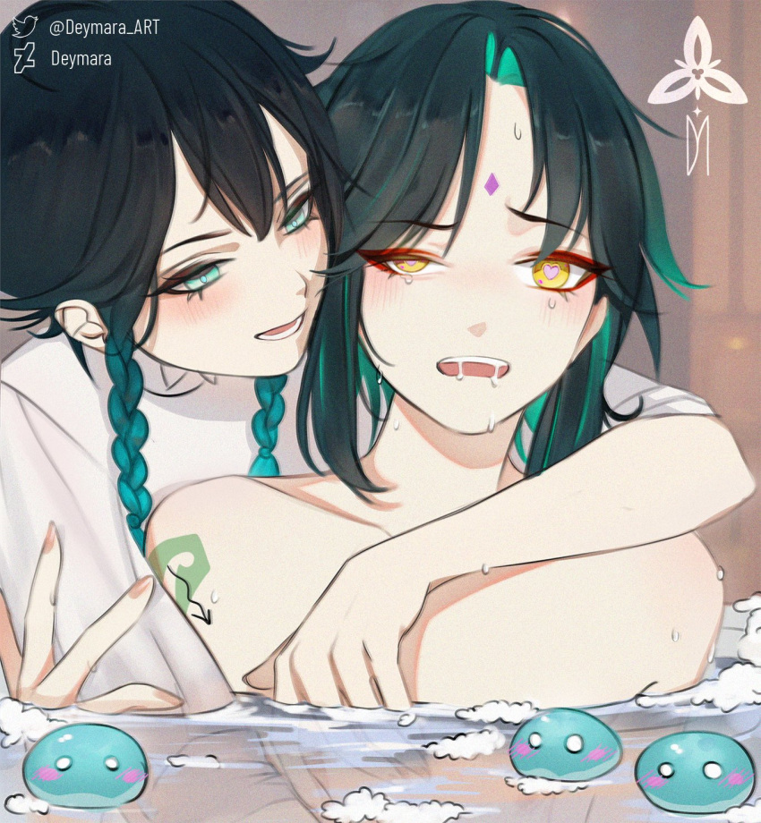 2boys androgynous bath blue_hair blush braid bubbles color dead_source deymara femboy gay genshin_impact girly glowing gradient_hair heart-shaped_pupils implied_handjob long_hair long_nails male open_mouth saliva_string signature slime_monster tattoo teal_eyes teasing trap venti_(genshin_impact) xiao_(genshin_impact) yaoi yellow_eyes