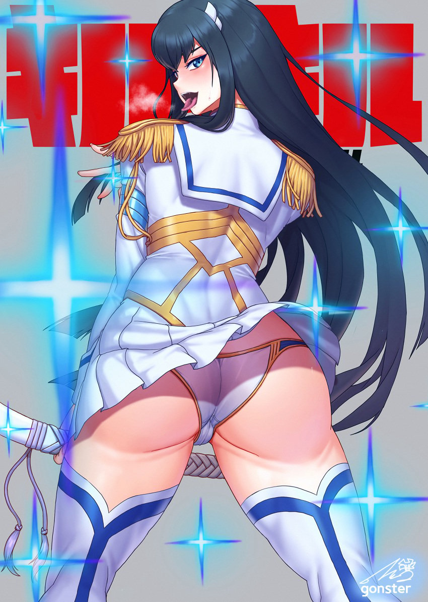 1girls absurd_res artist_name artist_signature ass ass_focus back_view big_ass black_hair blue_eyes blush bodily_fluids boots bubble_butt eyelashes female female_focus female_only flashing fully_clothed gonster heavy_breathing hi_res highres holding_weapon katana kill_la_kill kiryuuin_satsuki large_ass light-skinned_female light_skin long_hair long_sleeves looking_at_viewer looking_back looking_down miniskirt panties saliva saliva_drip saliva_string shoulder_pads skirt skirt_lift solo solo_female solo_focus sparkles standing stockings sweat thick_thighs thigh_boots thighhighs thighs thin_waist tight_clothing tight_fit tongue tongue_out trefoil underwear uniform watermark white_panties wide_hips