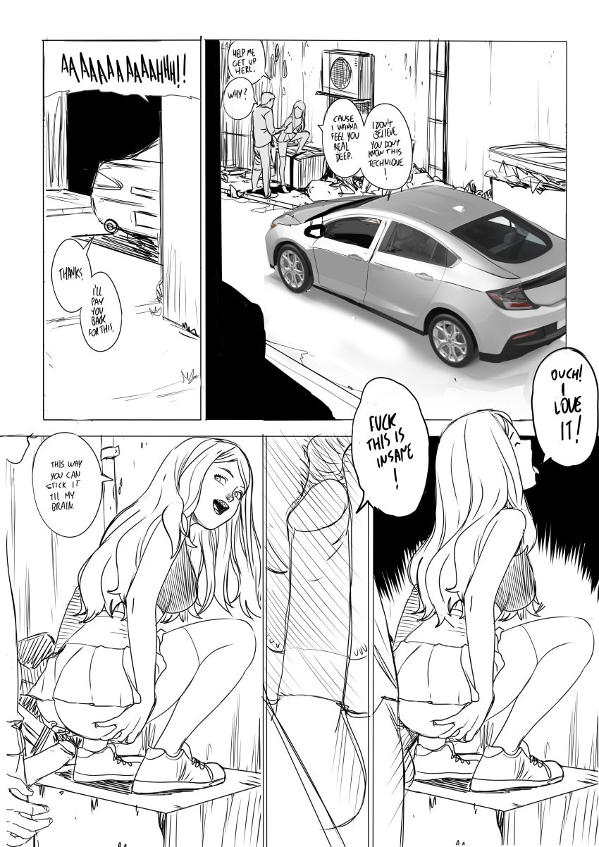 1boy 1girls alley ambiguous_penetration anal anal_sex ass blue_eyes braces brown_hair car chevrolet chevrolet_volt comic comic_page english_text full_body long_hair male no_panties original penis petite sex sketch skirt squatting tagme tammy_(tekuho) teenager tekuho text vaginal_penetration x-ray