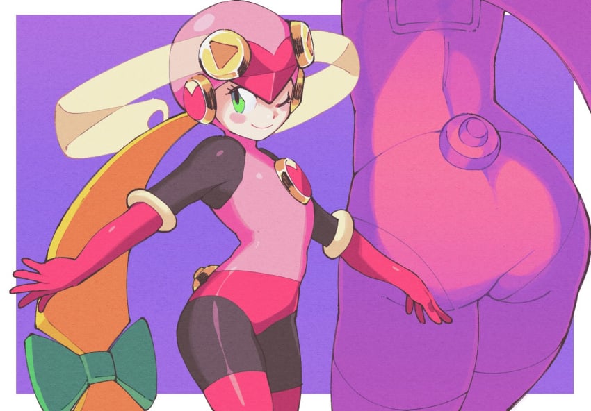 1girls ass ass_focus bloomers blush bodysuit buruma capcom clothed female green_eyes helmet inkuusan long_gloves mega_man mega_man_battle_network rear_view rockman rockman_exe roll.exe solo thighhighs wink