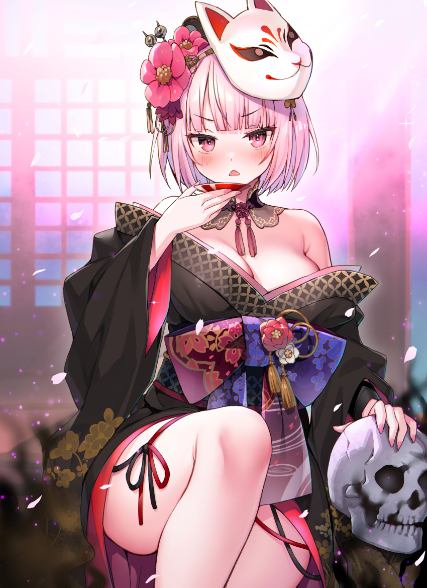 angry ayaoshiro big_breasts blush cleavage crossed_legs female flower_in_hair fox_mask hair_ornament hololive hololive_english hololive_myth inviting japanese_clothes kimono looking_at_viewer mori_calliope pink_eyes pink_fingernails pink_hair plate ribbon sakura_petals short_hair skull solo tagme thick thick_thighs virtual_youtuber voluptuous white_background wide_hips