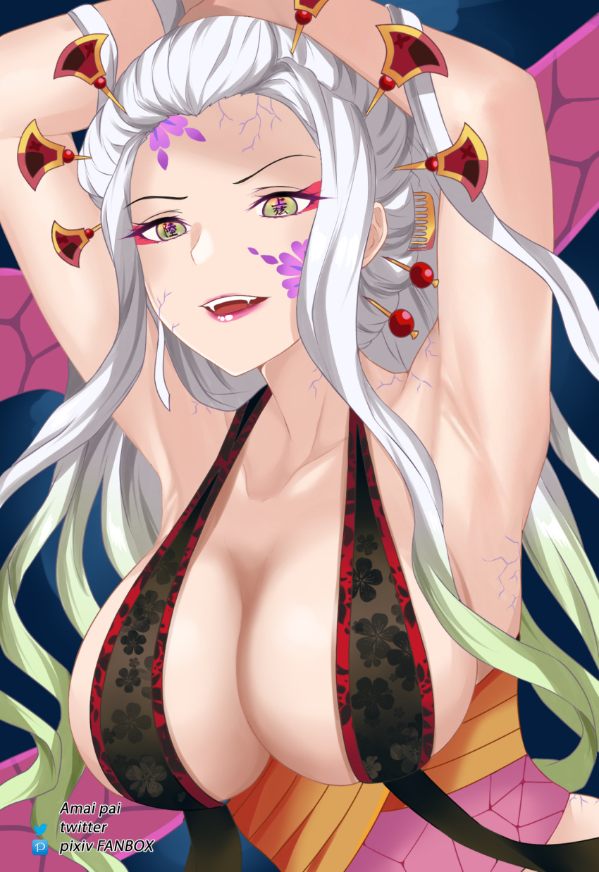 amai-pai armpits arms_above_head arms_up big_breasts breasts cleavage collarbone covered_nipples daki_(kimetsu_no_yaiba) demon_girl demon_slayer eyeshadow facial_markings fangs female female_only gradient_hair green_eyes hair_ornament huge_breasts kimetsu_no_yaiba lingerie lipstick long_hair looking_at_viewer makeup obi sideboob smile solo two_tone_hair upper_body veins white_hair