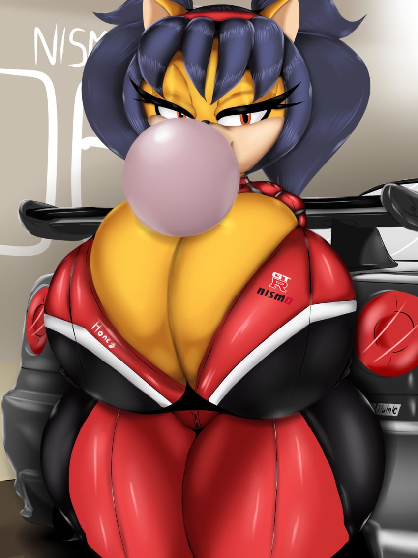 1girls 3:4 amber_eyes anthro big_breasts black_hair breasts bubble_gum car domestic_cat felid feline felis female female_focus female_only hi_res honey_the_cat huge_breasts logo long_hair looking_at_viewer mammal mobian_(species) nissan nissan_skyline nissan_skyline_gt-r_r34 nissan_skyline_gtr_r34 racing_suit sega solo sonic_(series) sonic_the_fighters sonic_the_hedgehog_(series) text thick_thighs twintails ultimateshadow uniform wide_hips wings yellow_fur