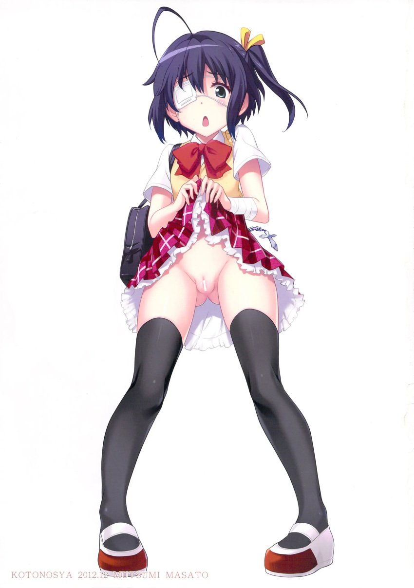 1girls bangs blue_hair censor_bar censored chuunibyou_demo_koi_ga_shitai! eye_patch female female_only looking_at_viewer mutsumi_masato no_panties pussy pussy_peek red_ribbon school_uniform short_hair simple_background skirt_lift skirt_up small_breasts solo stockings takanashi_rikka teen uwabaki viewed_from_below white white_background white_bar