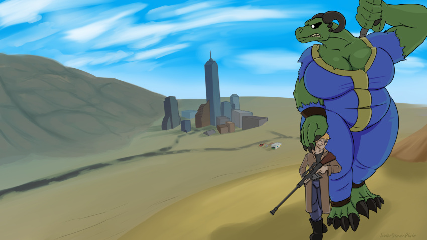 16:9 anthro apocalypse bethesda_softworks big_breasts bovid_horn breasts caprine_horn city clothing desert dragon duo evergreenplate fallout female gullet_(character) hi_res horn human human_on_anthro interspecies landscape male male/female mammal mini_giantess new_vegas overweight ram_horn thick_thighs torn_clothing vault_suit video_games wide_hips widescreen