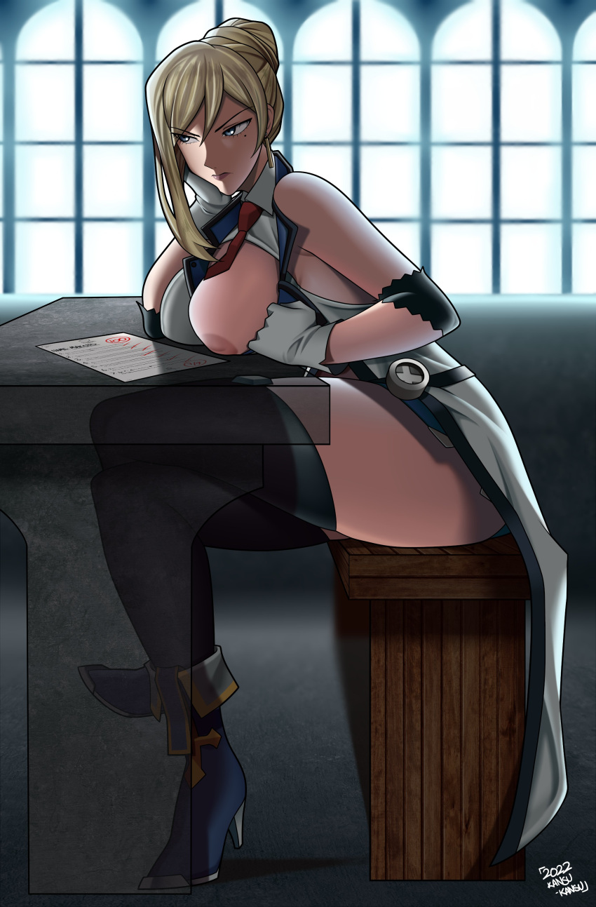 annoyed annoyed_expression blazblue blazblue_remix_heart classroom desk estella_mckenzie exposed_breasts inverted_nipples kansu-kansu ms._emma revealing_breasts sitting sitting_on_chair