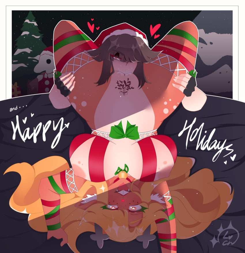 1boy 1girls anthro arm_ribbon bedsheets bell_collar blonde_hair breasts brown_hair cervid christmas christmas_lingerie christmas_tree coniferous_tree cunnilingus deltarune deltarune_chapter_2 eating_pussy everyman everyman_(undertale) exposed_nipples female female_anthro fingerless_gloves furry going_down_on green_ribbons gripping_sheets hands_on_thighs heart heart-shaped_pupils human interspecies kris_(deltarune) large_breasts lipstick living_gift long_hair loveycherie male_human/female_anthro noelle_holiday pink_nipples precum precum_drip red_eyes red_ribbon reindeer reindeer_antlers reindeer_girl ribbon_bondage santa_hat short_hair snow straight thick_thighs thighhighs wavy_hair