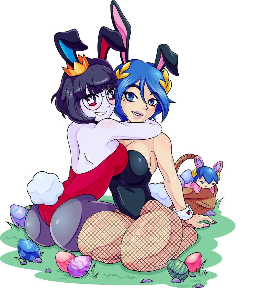 1boy 2girls annoyed annoyed_expression annoyed_face blue_eyes blue_eyes_female blue_hair blue_hair_female blue_haired blush blushing blushing_female boobs_pressed bunny_ears bunny_ears_headband bunny_girl bunny_pajamas bunny_suit bunny_tail bunnygirl bunnysuit butt_crack buttcrack cheshireilustra child_bearing_hips cleavage comission commission_art crown cuffs_(clothing) easter easter_egg easter_eggs female fishnet_legwear fishnet_pantyhose fishnet_stockings fishnet_thighhighs fishnets fluffy_tail glasses golden_laurels headband headband_ears heart_symbol high_res high_resolution highres hug hugging laurel_crown laurel_wreath leotard light-skinned_female light_skin lipstick looking_at_viewer male mole mole_over_mouth multiple_females multiple_girls on_grass on_knees original_character original_characters painted_fingernails painted_nails pale_skin pale_skin_female pale_skinned pale_skinned_female pressing_breast_on_partner pressing_breasts rabbit_ear_hairband rabbit_ears rabbit_headband rabbit_suit rabbit_tail round_glasses serayoth_freki seyako_nelmir short_hair short_hair_female size_difference slim_female slim_waist small_crown smile smiling_at_partner smiling_at_viewer stockings sunhee sunhee_(vtuber) thick thick_ass thick_hips thick_legs thick_lips thick_thighs twitch.tv virtual_youtuber vtuber white-skinned_female white_skinned_female