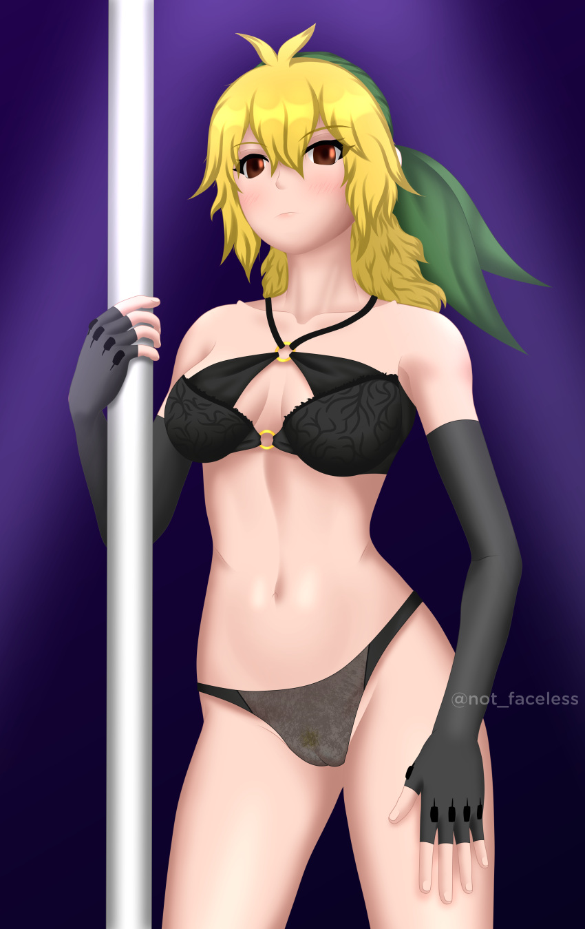 black_bra black_clothing black_panties eri_kasamoto green_bandana green_pants metal_slug metal_slug_attack ripped_clothing yellow_hair